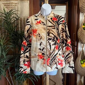 Chico’s Floral Bomber Jacket M | Tropical Zip Up Lightweight Resort Coat Coral